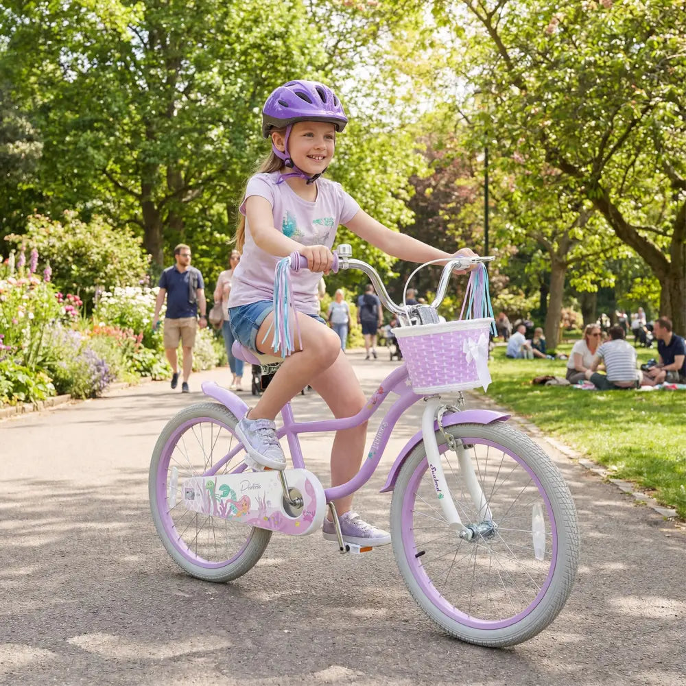 20 Inch Kids Bike Adjustable with Basket and Streamers Purple - Princess of the Sea Theme - Purple - Kids Bike