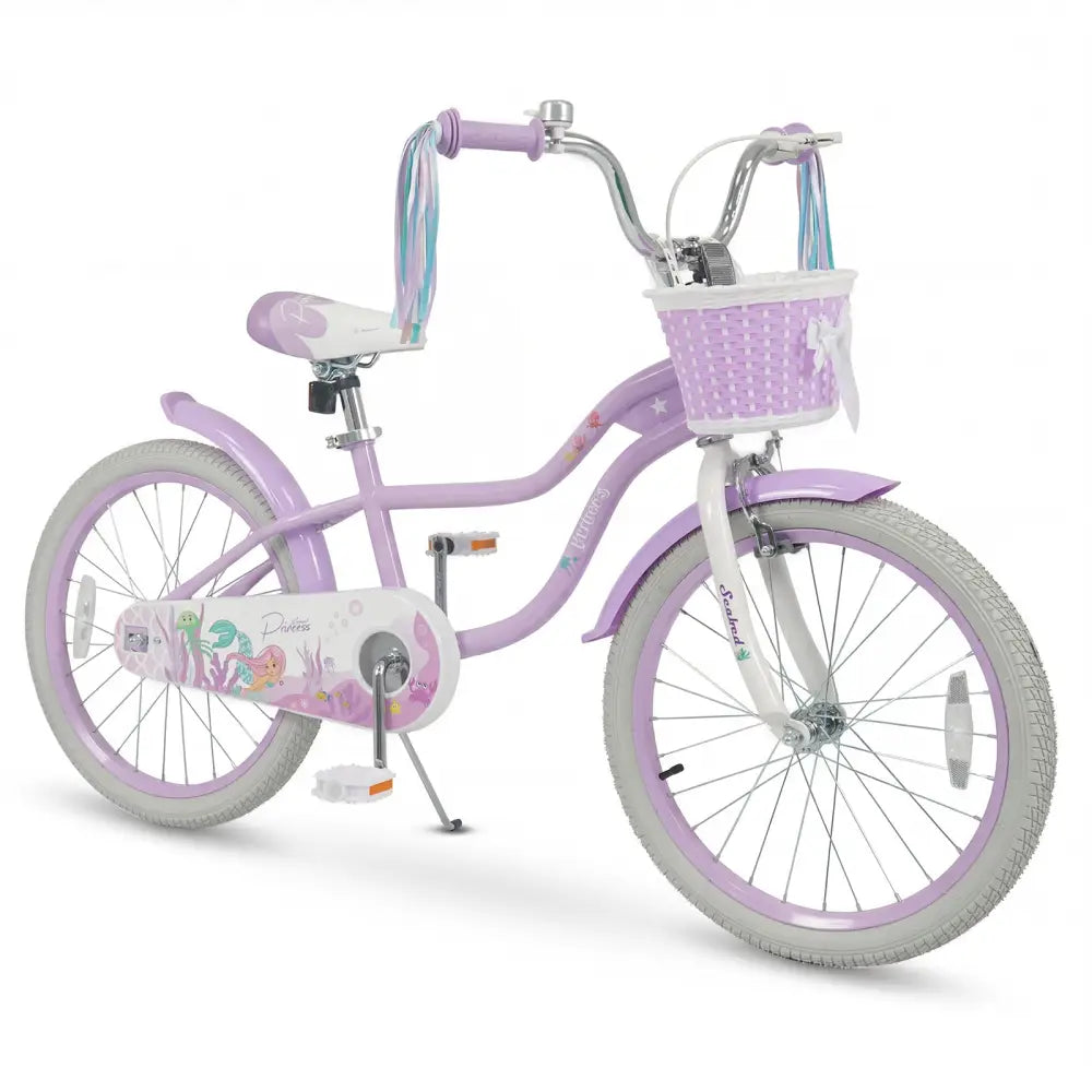 20 Inch Kids Bike Adjustable with Basket and Streamers Purple - Princess of the Sea Theme - Purple - Kids Bike