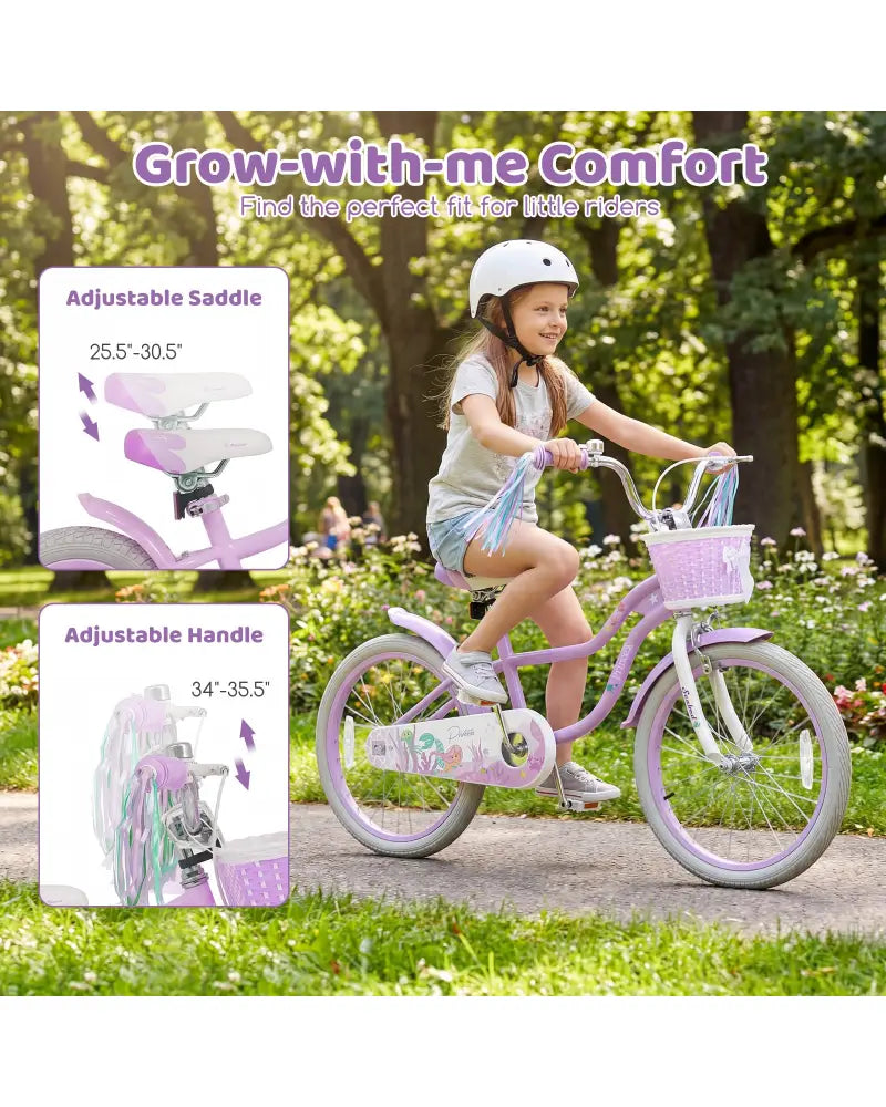 20 Inch Kids Bike Adjustable with Basket and Streamers Purple - Princess of the Sea Theme - Purple - Kids Bike