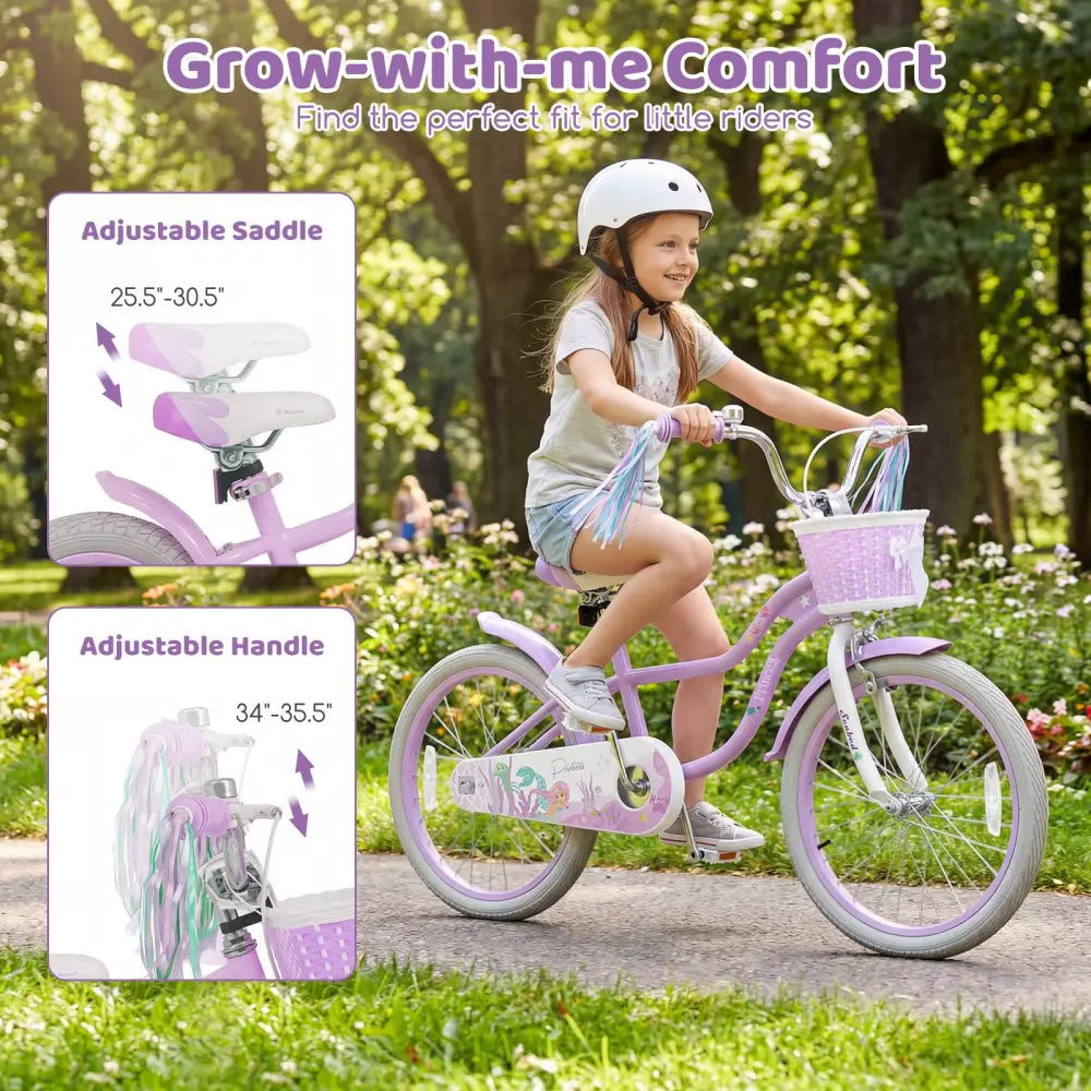 20 Inch Kids Bike Adjustable with Basket and Streamers Purple - Princess of the Sea Theme - Purple - Kids Bike
