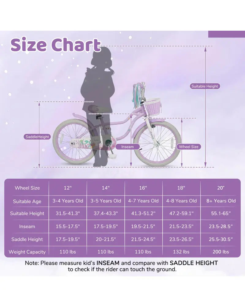 20 Inch Kids Bike Adjustable with Basket and Streamers Purple - Princess of the Sea Theme - Purple - Kids Bike