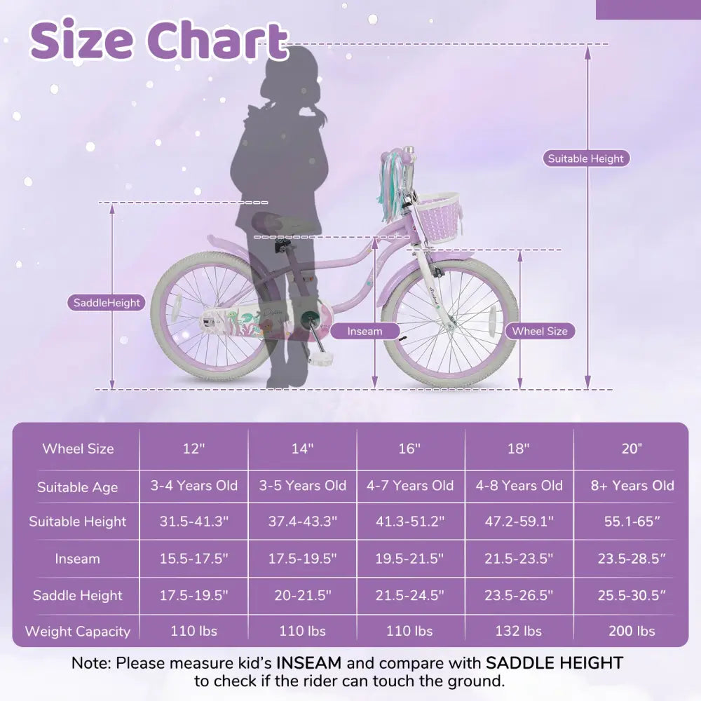 20 Inch Kids Bike Adjustable with Basket and Streamers Purple - Princess of the Sea Theme - Purple - Kids Bike