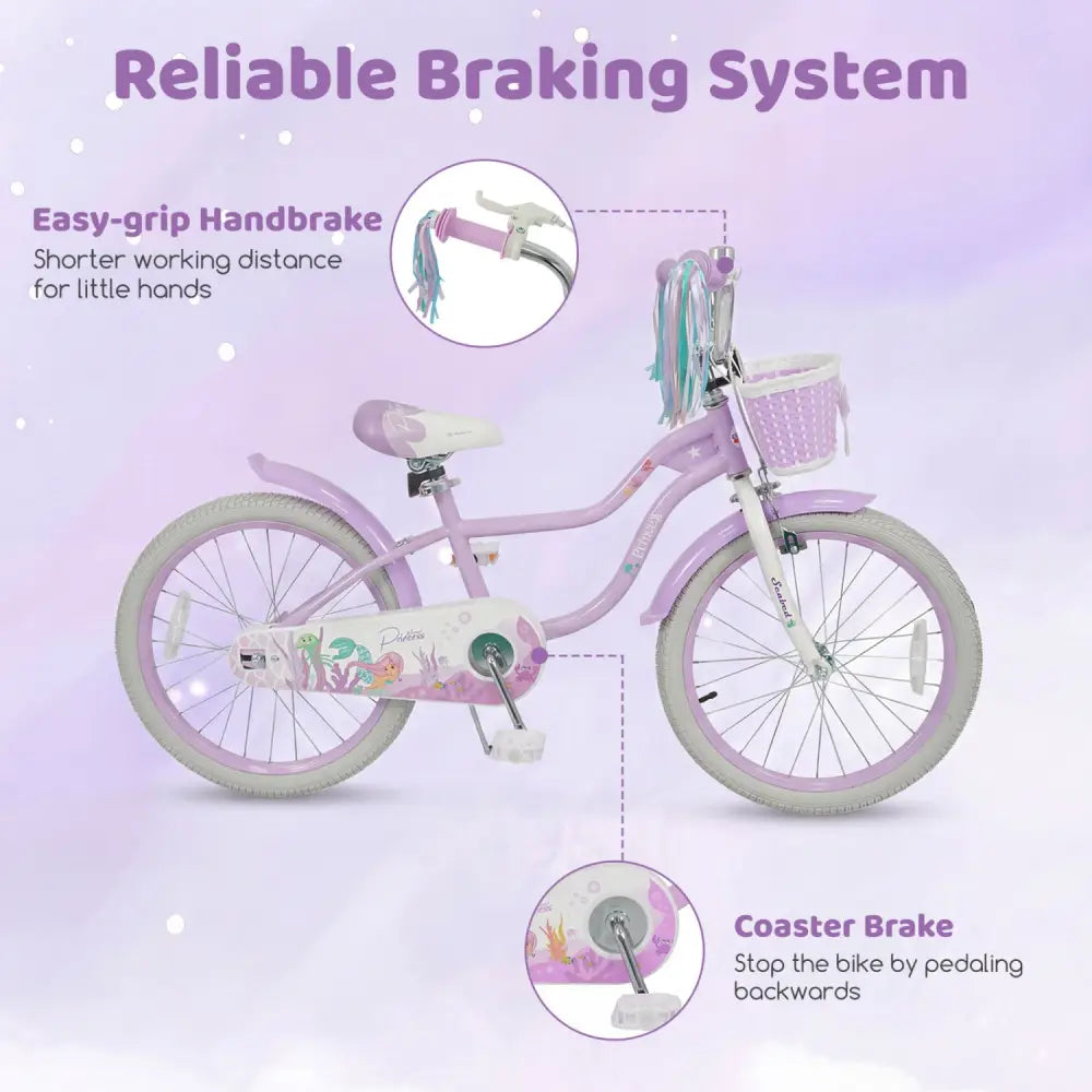 20 Inch Kids Bike Adjustable with Basket and Streamers Purple - Princess of the Sea Theme - Purple - Kids Bike