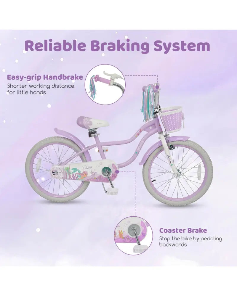 20 Inch Kids Bike Adjustable with Basket and Streamers Purple - Princess of the Sea Theme - Purple - Kids Bike