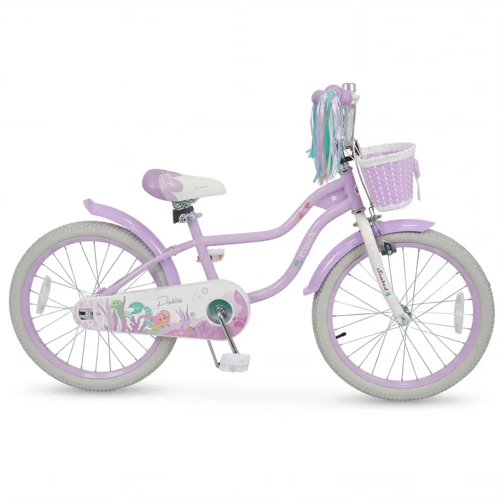 20 Inch Kids Bike Adjustable with Basket and Streamers Purple - Princess of the Sea Theme - Purple - Kids Bike