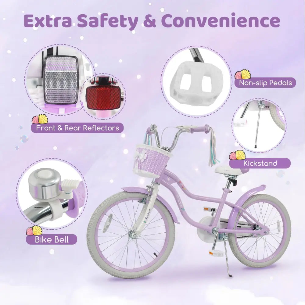 20 Inch Kids Bike Adjustable with Basket and Streamers Purple - Princess of the Sea Theme - Purple - Kids Bike