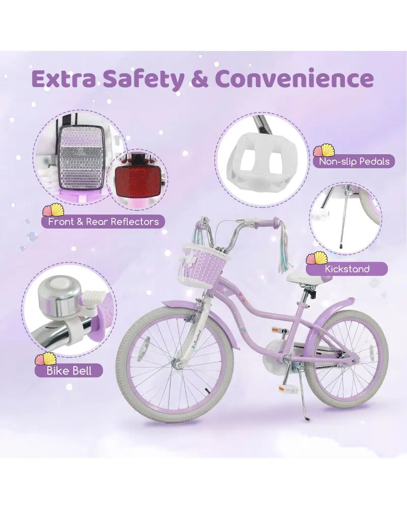 20 Inch Kids Bike Adjustable with Basket and Streamers Purple - Princess of the Sea Theme - Purple - Kids Bike