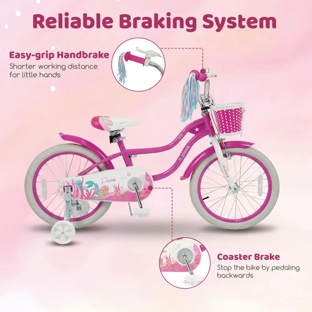 20 Inch Kids Bike Adjustable with Basket and Streamers Rose Red - Princess of the Sea Theme - Rose Red - Kids Bike