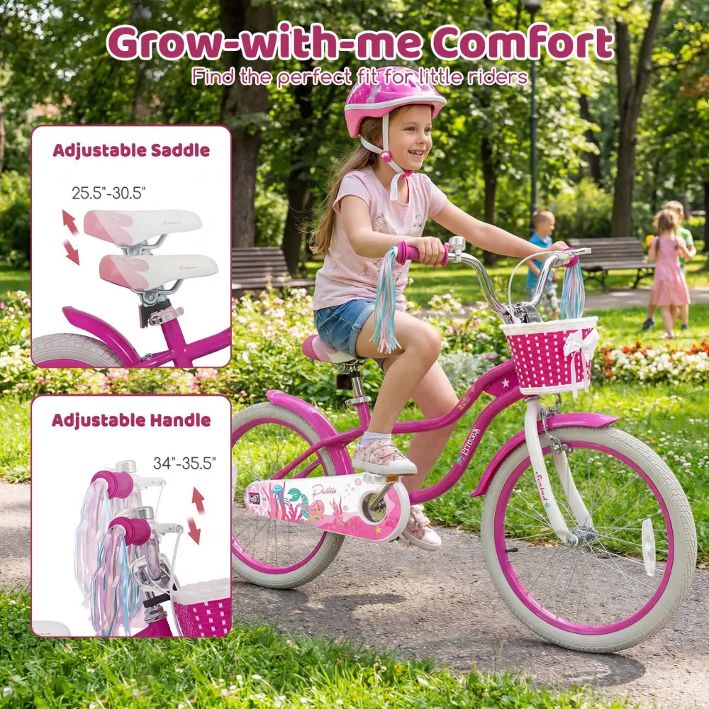 20 Inch Kids Bike Adjustable with Basket and Streamers Rose Red - Princess of the Sea Theme - Rose Red - Kids Bike