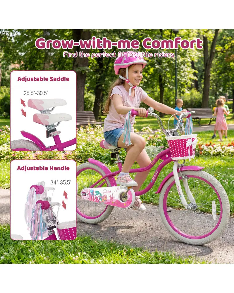 20 Inch Kids Bike Adjustable with Basket and Streamers Rose Red - Princess of the Sea Theme - Rose Red - Kids Bike