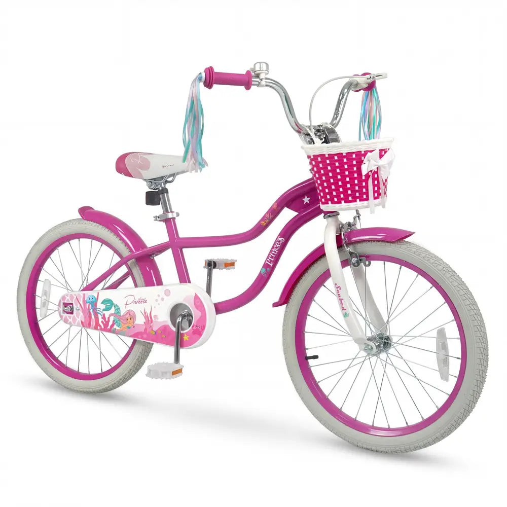 20 Inch Kids Bike Adjustable with Basket and Streamers Rose Red - Princess of the Sea Theme - Rose Red - Kids Bike