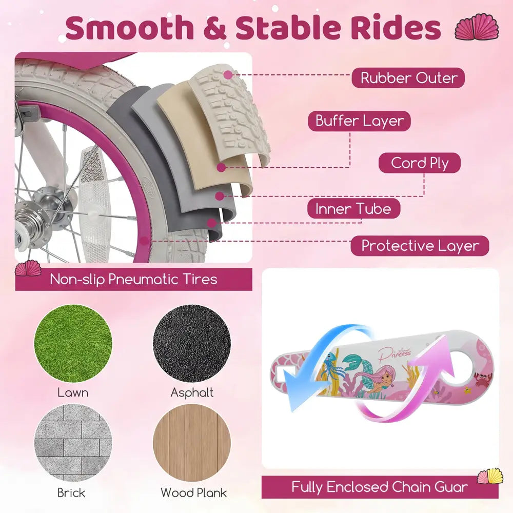 20 Inch Kids Bike Adjustable with Basket and Streamers Rose Red - Princess of the Sea Theme - Rose Red - Kids Bike