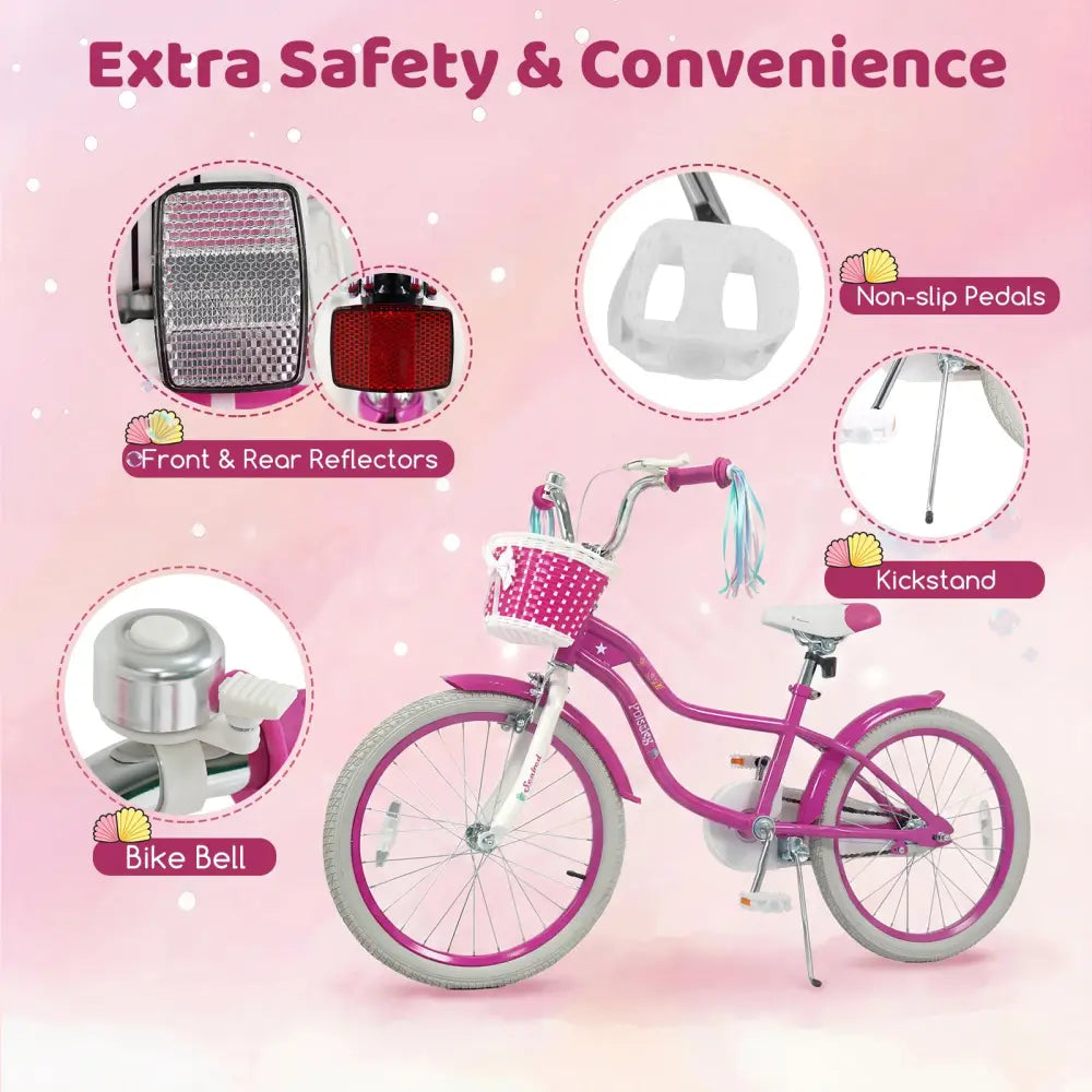 20 Inch Kids Bike Adjustable with Basket and Streamers Rose Red - Princess of the Sea Theme - Rose Red - Kids Bike
