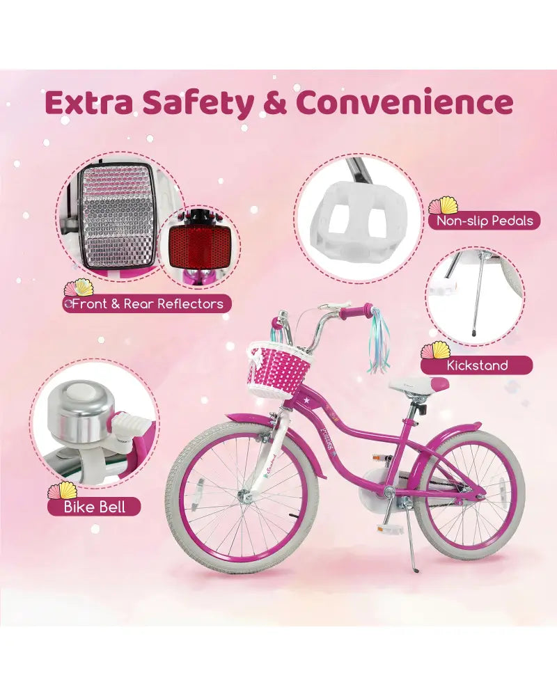 20 Inch Kids Bike Adjustable with Basket and Streamers Rose Red - Princess of the Sea Theme - Rose Red - Kids Bike