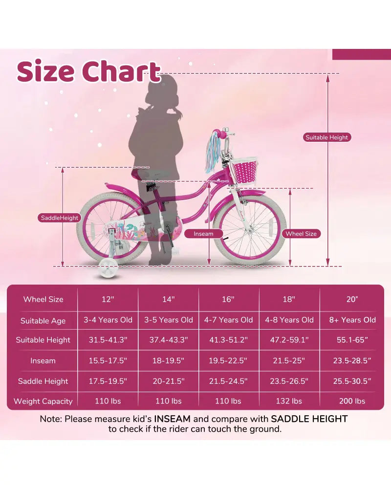 20 Inch Kids Bike Adjustable with Basket and Streamers Rose Red - Princess of the Sea Theme - Rose Red - Kids Bike
