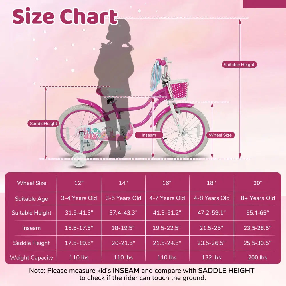20 Inch Kids Bike Adjustable with Basket and Streamers Rose Red - Princess of the Sea Theme - Rose Red - Kids Bike