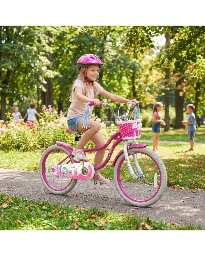 20 Inch Kids Bike Adjustable with Basket and Streamers Rose Red - Princess of the Sea Theme - Rose Red - Kids Bike