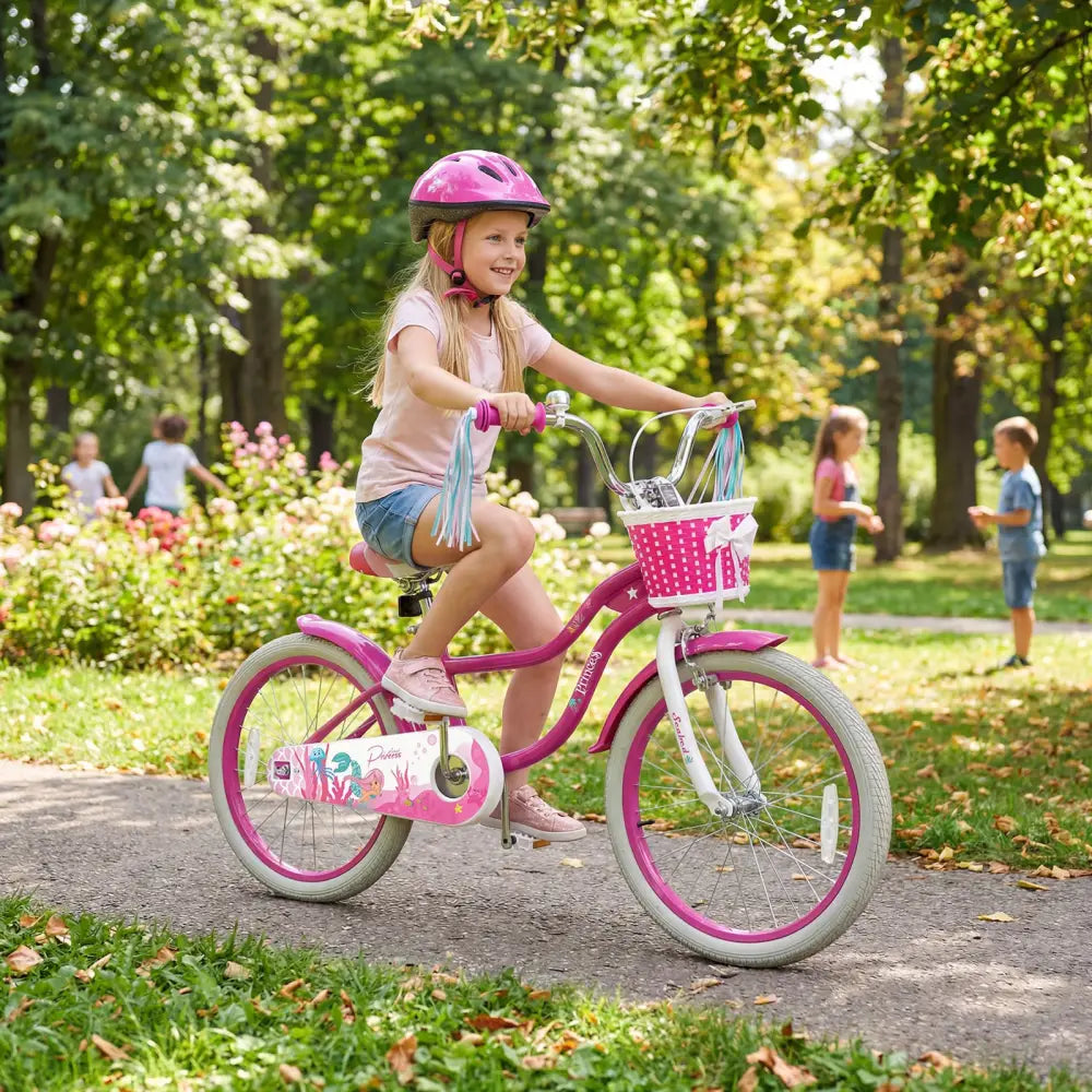 20 Inch Kids Bike Adjustable with Basket and Streamers Rose Red - Princess of the Sea Theme - Rose Red - Kids Bike