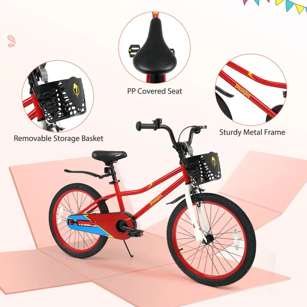 20 Inch Kids Bike Adjustable with Kickstand and Storage Basket for Aged 8+ Years-Red - Red - Kids Bike