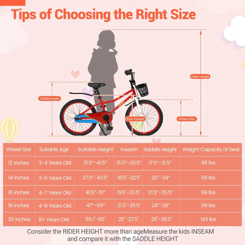 20 Inch Kids Bike Adjustable with Kickstand and Storage Basket for Aged 8+ Years-Red - Red - Kids Bike