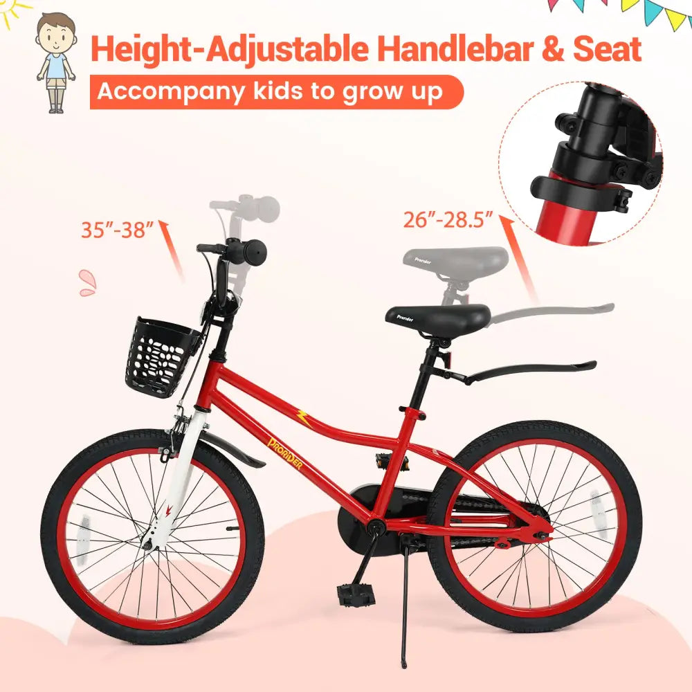 20 Inch Kids Bike Adjustable with Kickstand and Storage Basket for Aged 8+ Years-Red - Red - Kids Bike