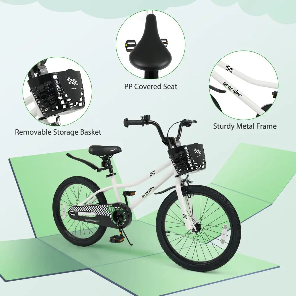 20 Inch Kids Bike Adjustable with Kickstand and Storage Basket for Aged 8+ Years-White - White - Kids Bike