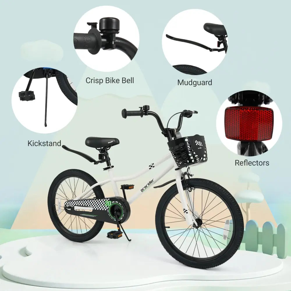 20 Inch Kids Bike Adjustable with Kickstand and Storage Basket for Aged 8+ Years-White - White - Kids Bike