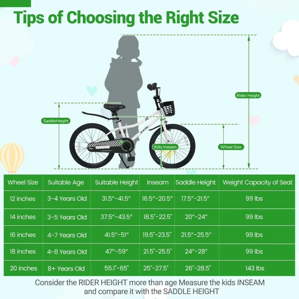 20 Inch Kids Bike Adjustable with Kickstand and Storage Basket for Aged 8+ Years-White - White - Kids Bike
