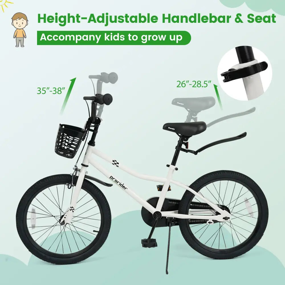 20 Inch Kids Bike Adjustable with Kickstand and Storage Basket for Aged 8+ Years-White - White - Kids Bike