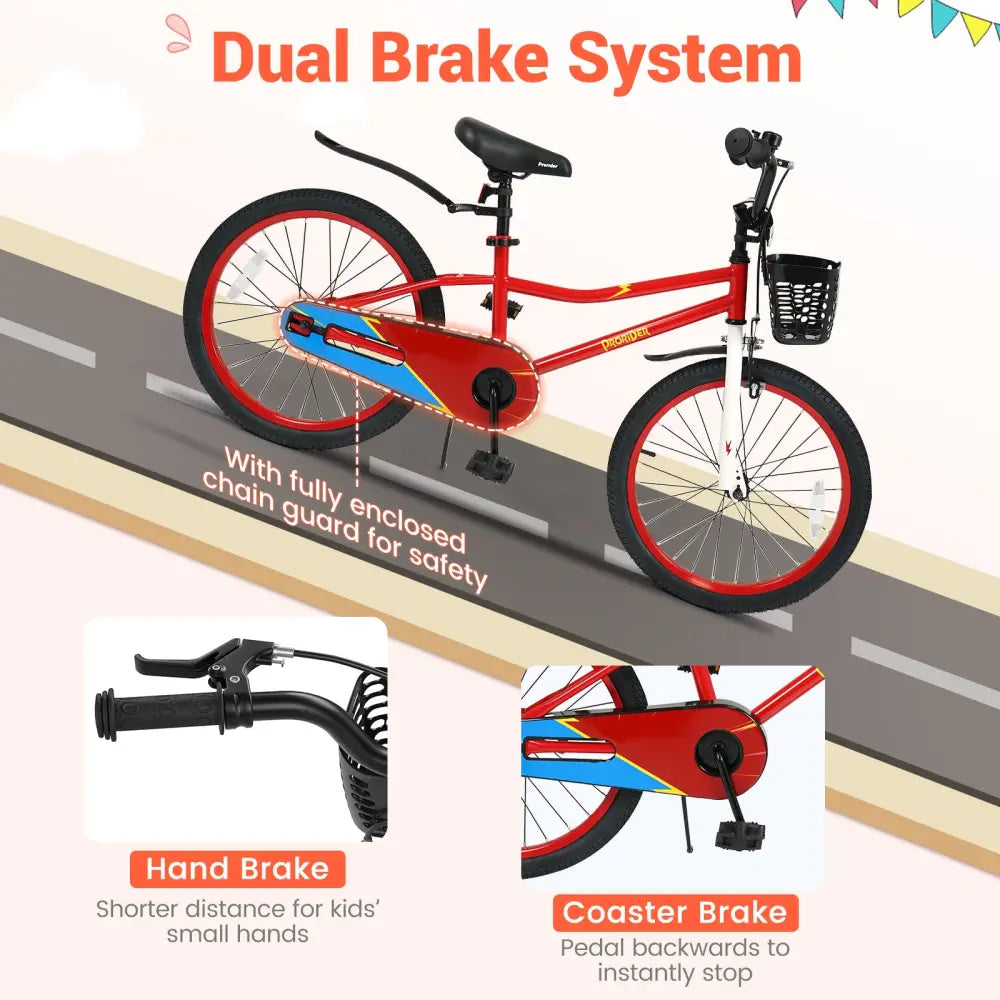 20 Inch Kids Bike Adjustable with Kickstand and Storage Basket for Aged 8+ Years-Red - Red - Kids Bike