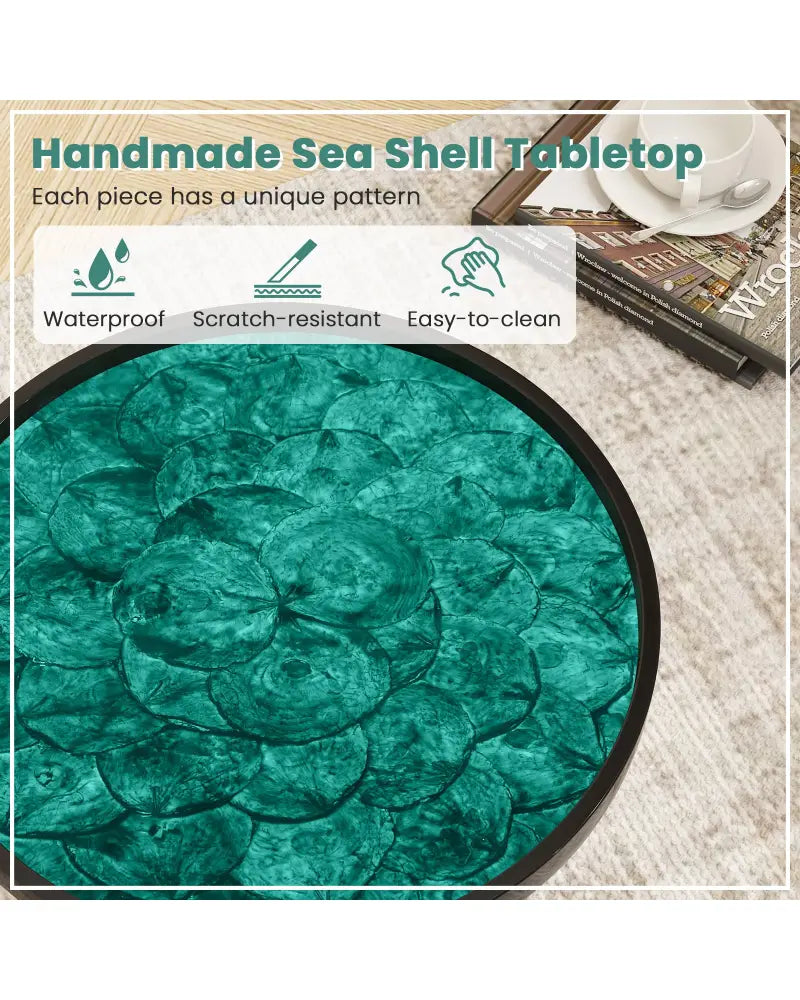 20 Inch Mid-century Modern Coffee End Table with Sea Shell Decoration-Green - Green - End & Side Tables