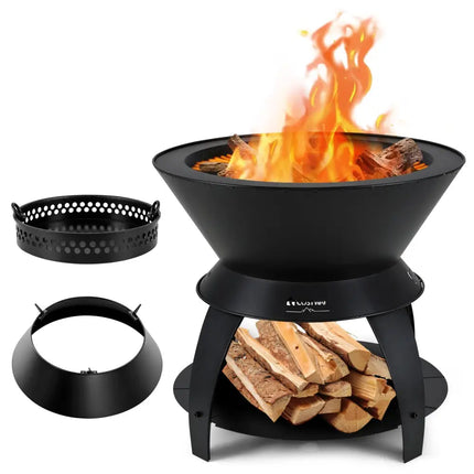 20 Inch Patio Fire Pit Metal Camping Fire Bowl with Pot Holder and Storage Shelf-Black - Black - Fire Pits