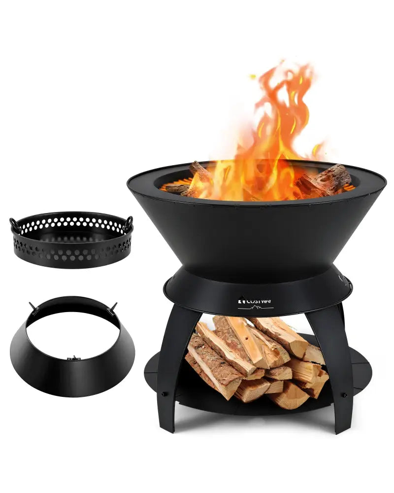 20 Inch Patio Fire Pit Metal Camping Fire Bowl with Pot Holder and Storage Shelf-Black - Black - Fire Pits