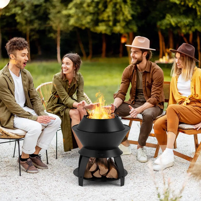 20 Inch Patio Fire Pit Metal Camping Fire Bowl with Pot Holder and Storage Shelf-Black - Black - Fire Pits