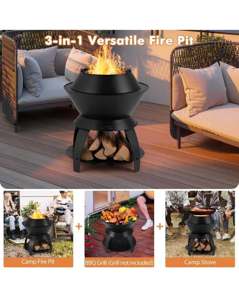 20 Inch Patio Fire Pit Metal Camping Fire Bowl with Pot Holder and Storage Shelf-Black - Black - Fire Pits