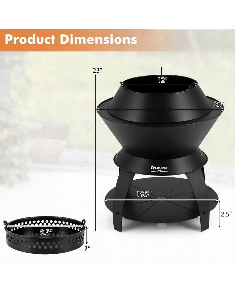 20 Inch Patio Fire Pit Metal Camping Fire Bowl with Pot Holder and Storage Shelf-Black - Black - Fire Pits