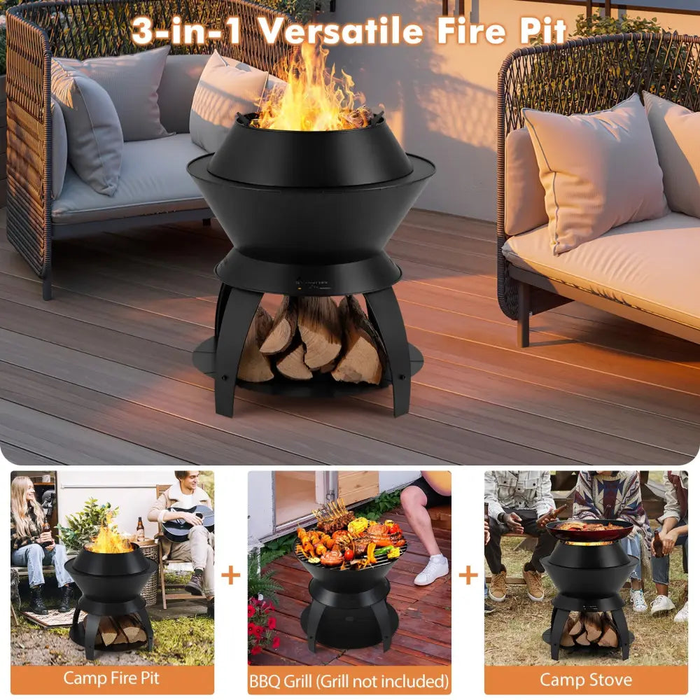 20 Inch Patio Fire Pit Metal Camping Fire Bowl with Pot Holder and Storage Shelf-Black - Black - Fire Pits