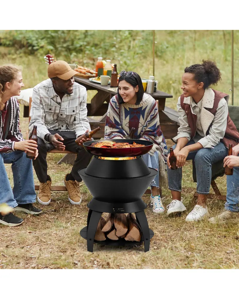 20 Inch Patio Fire Pit Metal Camping Fire Bowl with Pot Holder and Storage Shelf-Black - Black - Fire Pits
