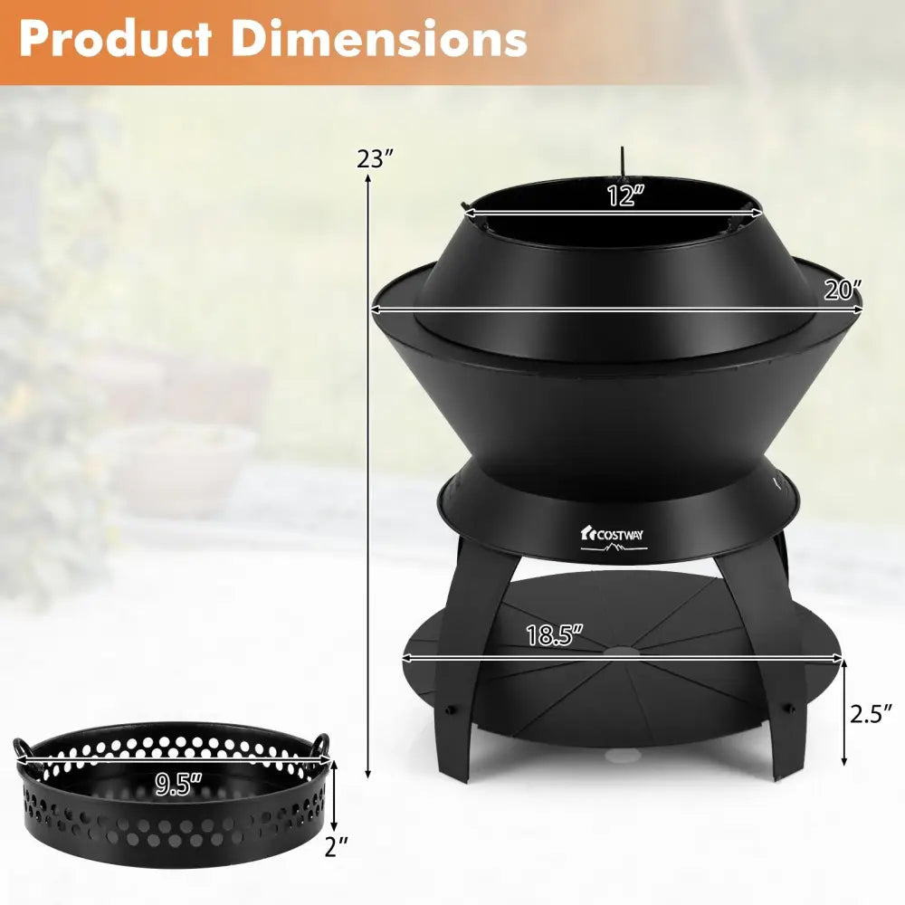20 Inch Patio Fire Pit Metal Camping Fire Bowl with Pot Holder and Storage Shelf-Black - Black - Fire Pits