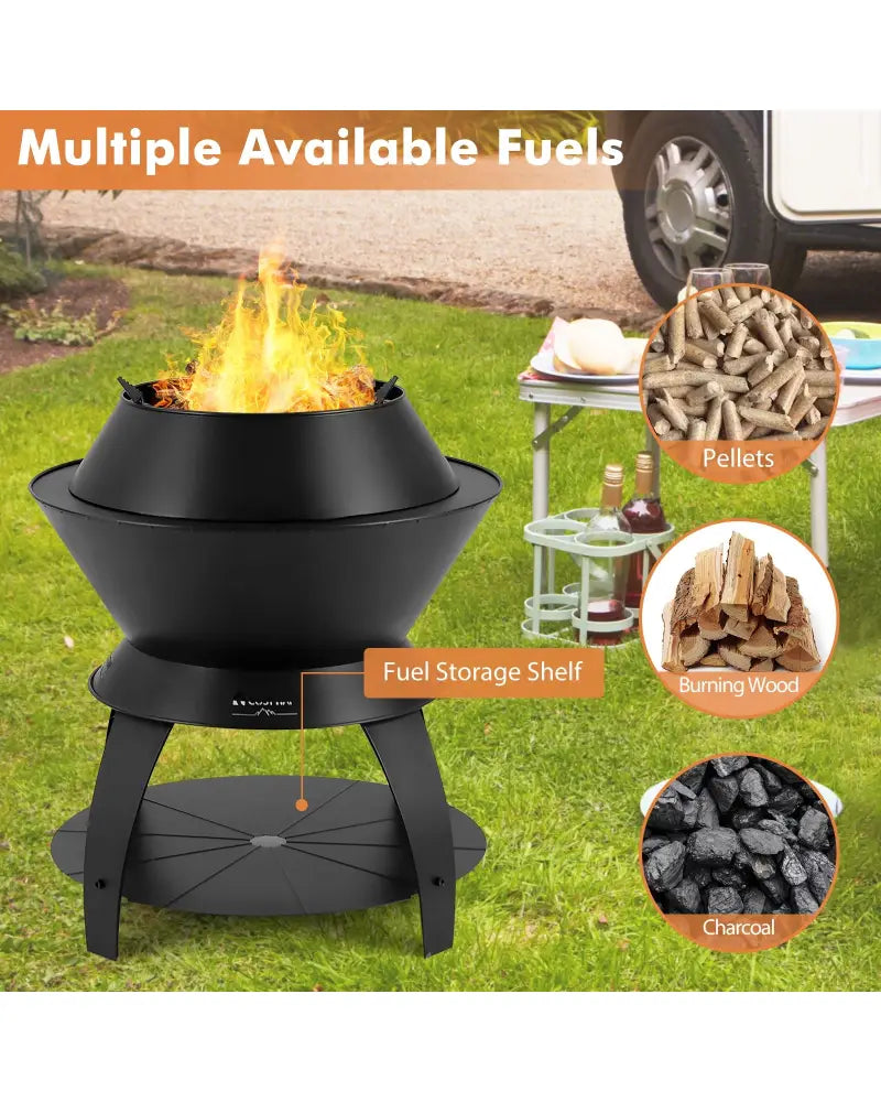 20 Inch Patio Fire Pit Metal Camping Fire Bowl with Pot Holder and Storage Shelf-Black - Black - Fire Pits