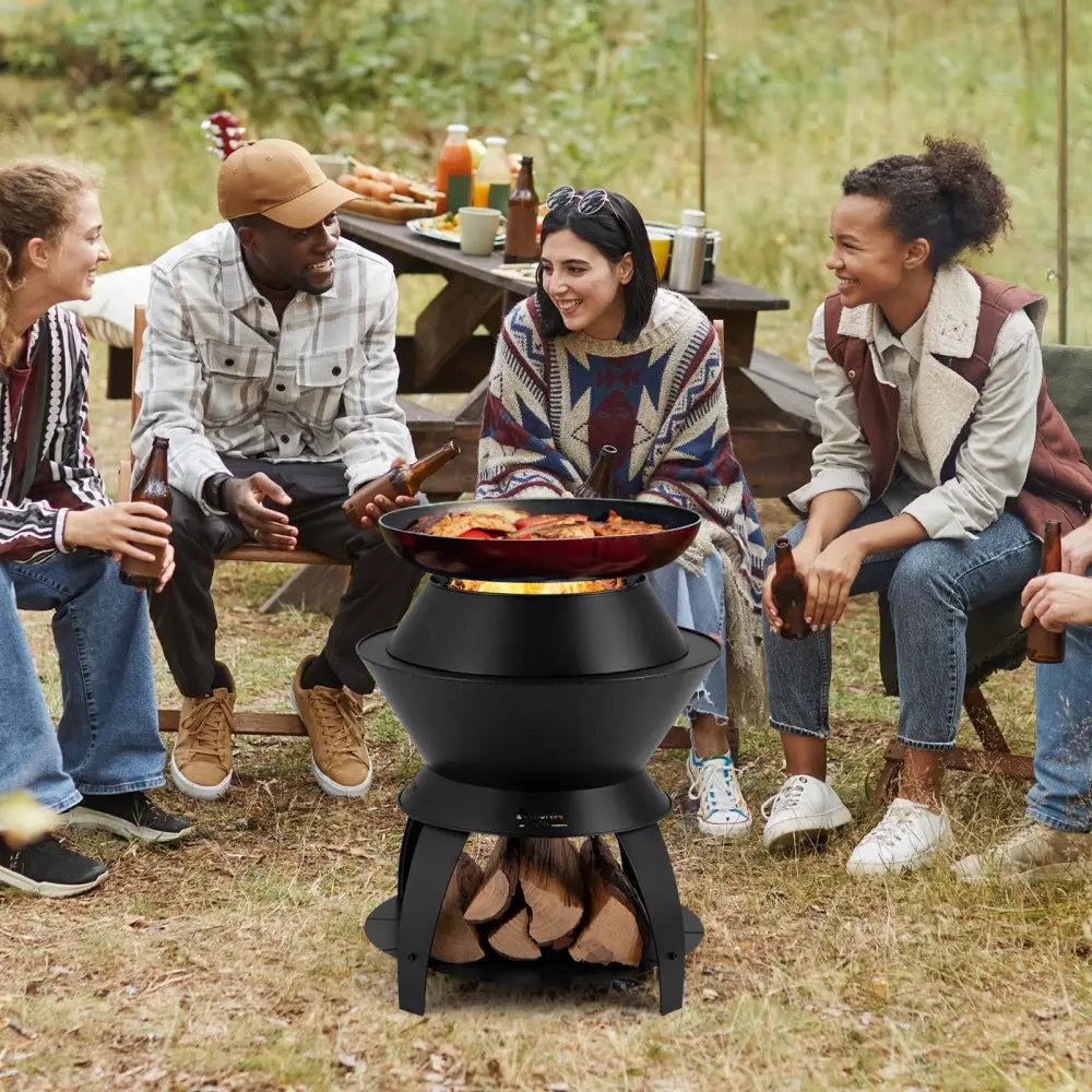 20 Inch Patio Fire Pit Metal Camping Fire Bowl with Pot Holder and Storage Shelf-Black - Black - Fire Pits