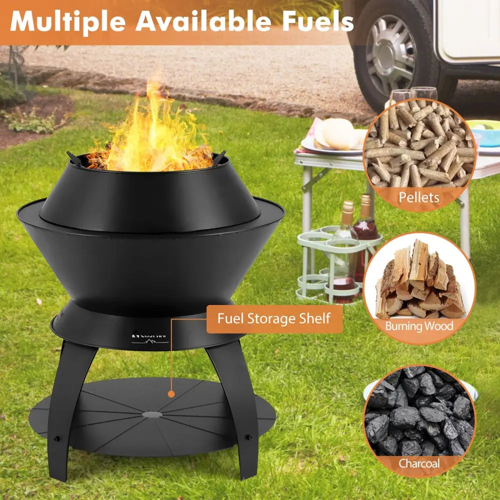 20 Inch Patio Fire Pit Metal Camping Fire Bowl with Pot Holder and Storage Shelf-Black - Black - Fire Pits