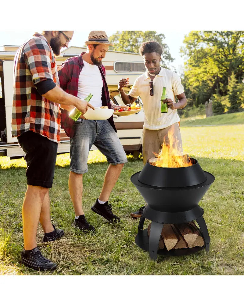 20 Inch Patio Fire Pit Metal Camping Fire Bowl with Pot Holder and Storage Shelf-Black - Black - Fire Pits