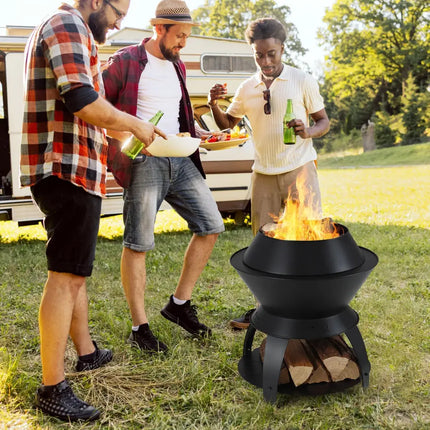 20 Inch Patio Fire Pit Metal Camping Fire Bowl with Pot Holder and Storage Shelf-Black - Black - Fire Pits