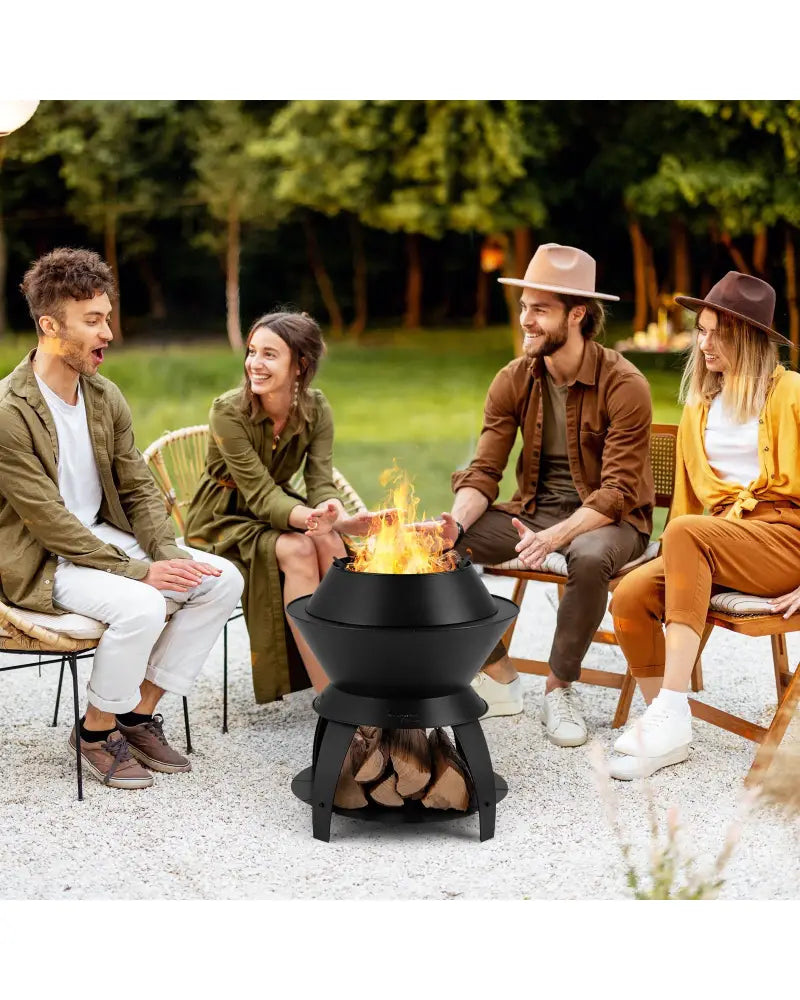 20 Inch Patio Fire Pit Metal Camping Fire Bowl with Pot Holder and Storage Shelf-Black - Black - Fire Pits