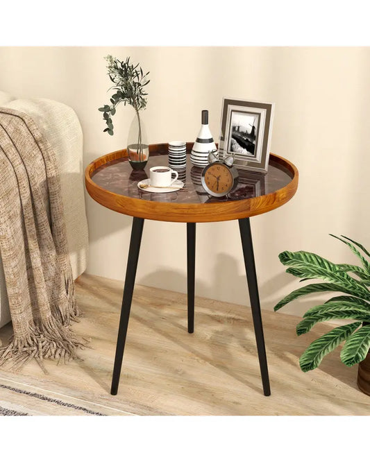 20 Inch Round End Table with Sea Shell Decoration and Epoxy Resin Finish-Brown - Brown - End & Side Tables