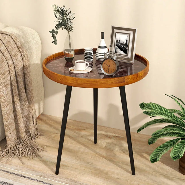 20 Inch Round End Table with Sea Shell Decoration and Epoxy Resin Finish-Brown Costway