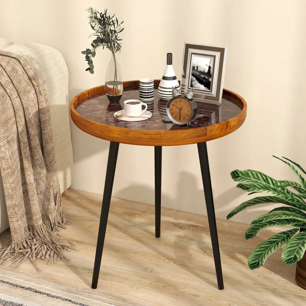 20 Inch Round End Table with Sea Shell Decoration and Epoxy Resin Finish-Brown Costway