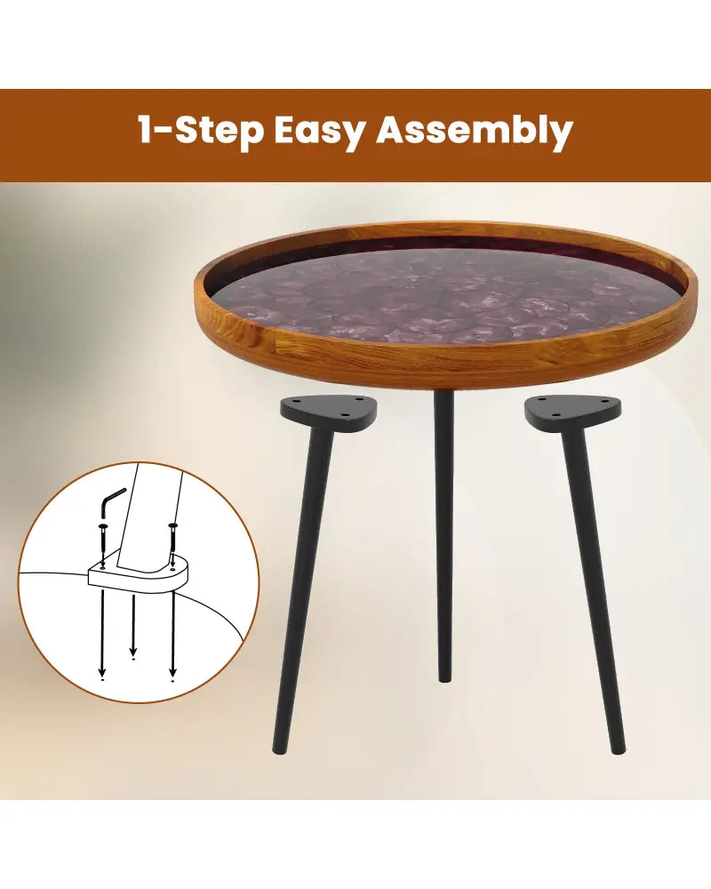 20 Inch Round End Table with Sea Shell Decoration and Epoxy Resin Finish-Brown - Brown - End & Side Tables