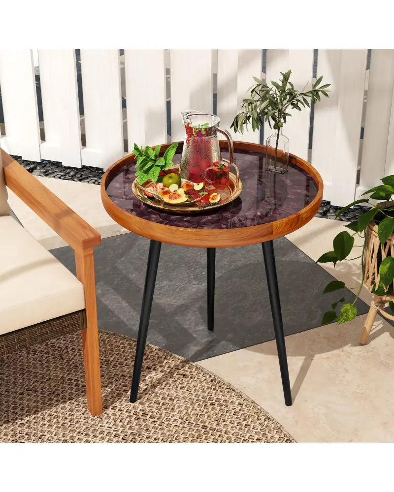 20 Inch Round End Table with Sea Shell Decoration and Epoxy Resin Finish-Brown - Brown - End & Side Tables
